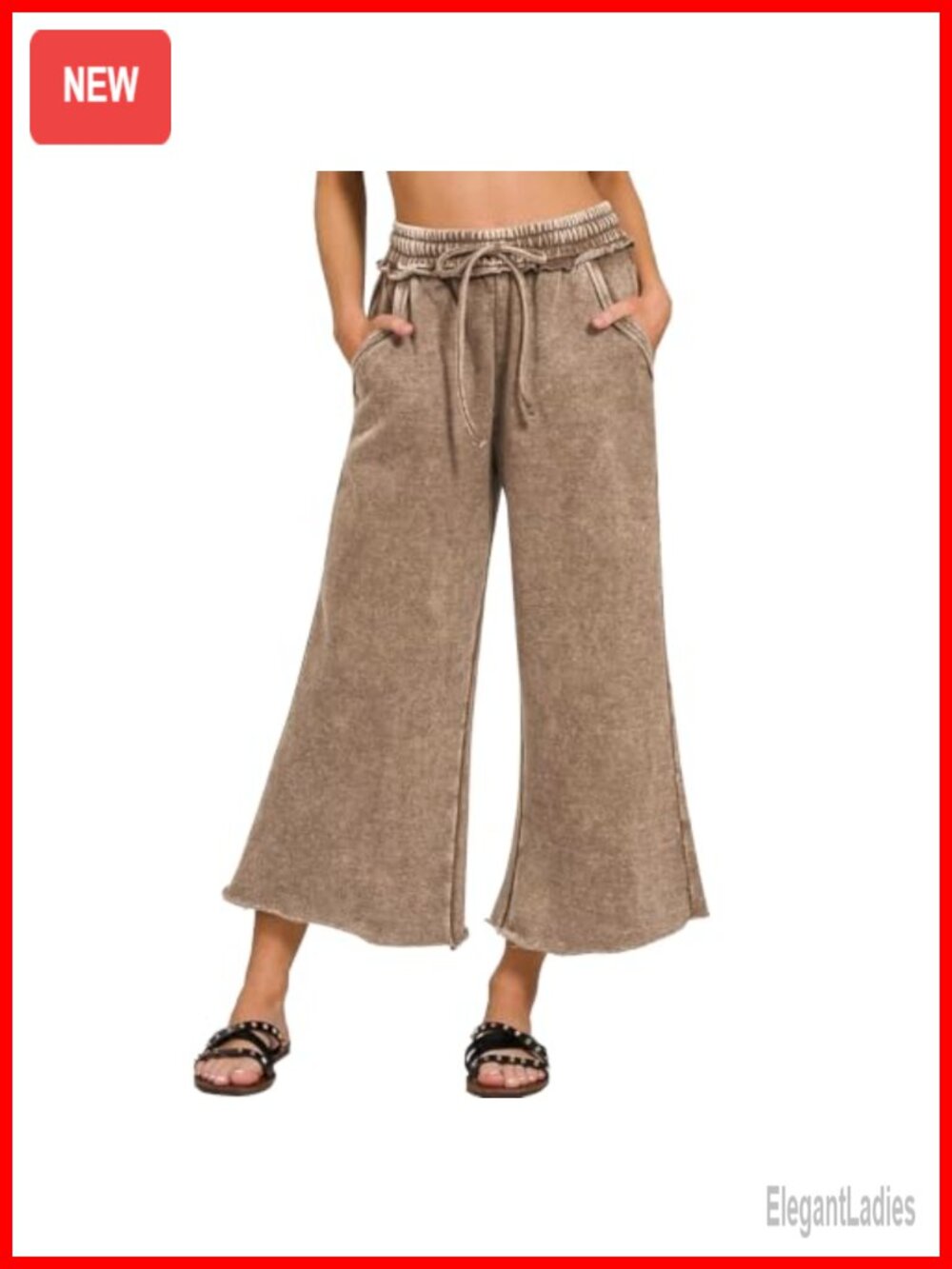 Wide Leg Acid Wash Palazzo Cropped Lounge Pants Drawstring High Waist